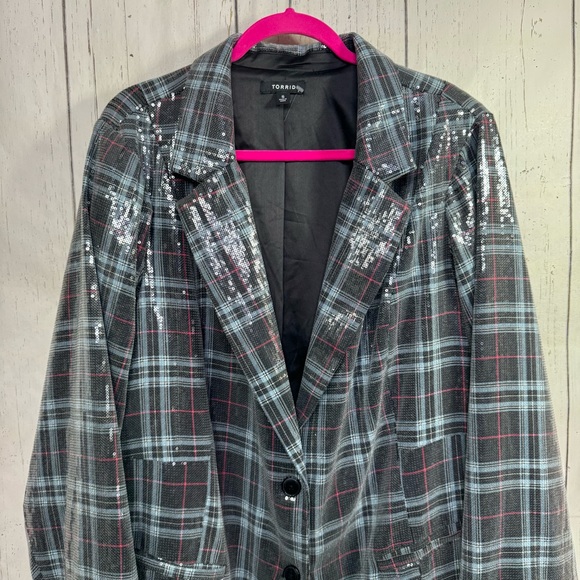 Torrid Plaid Sequin Blazer Gray Black Chic Glam Plus Size 5X Casual Artsy - Picture 6 of 15